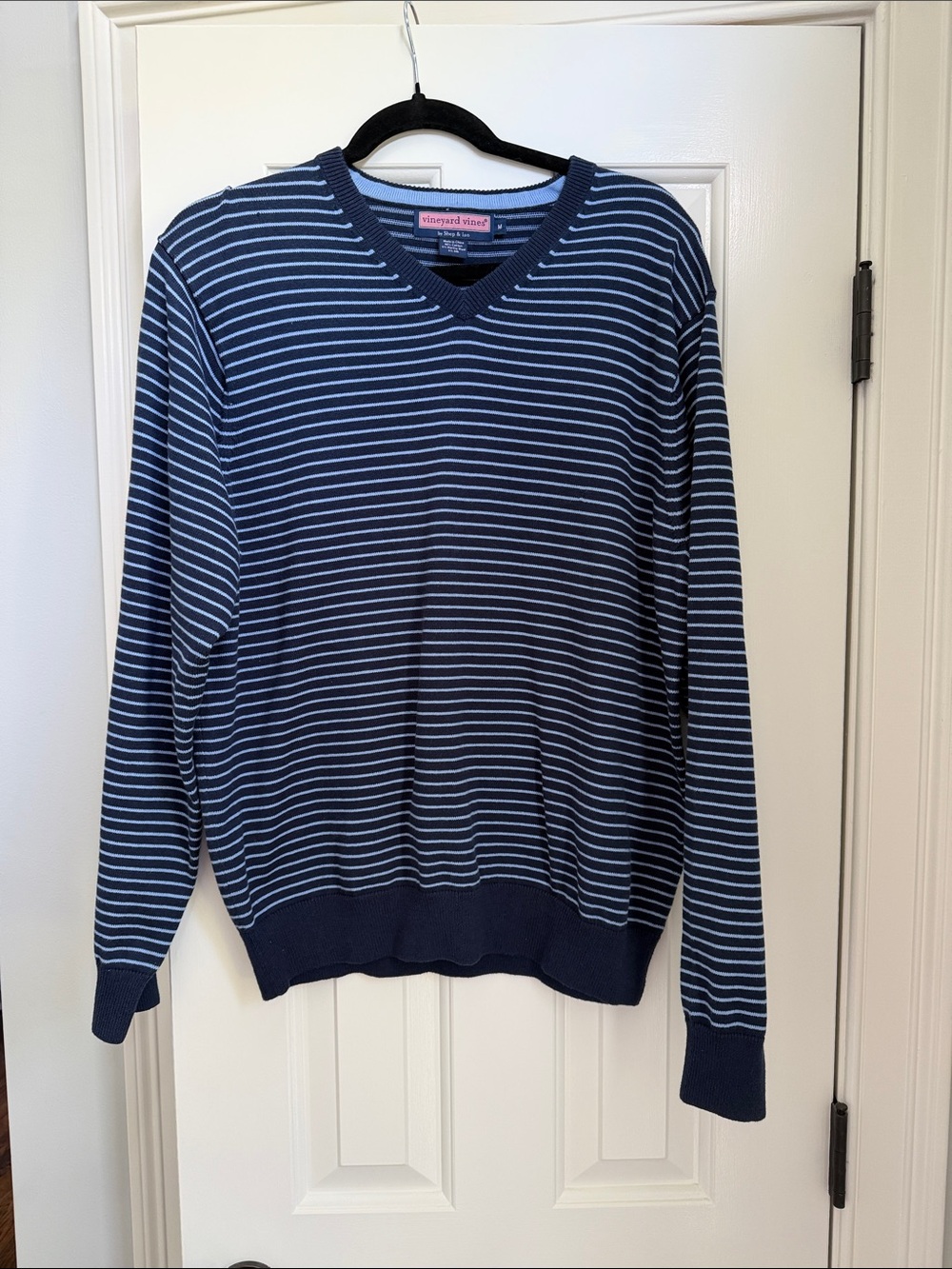 Vineyard Vines Navy with Light Blue Narrow Stripe V-Neck Sweater
